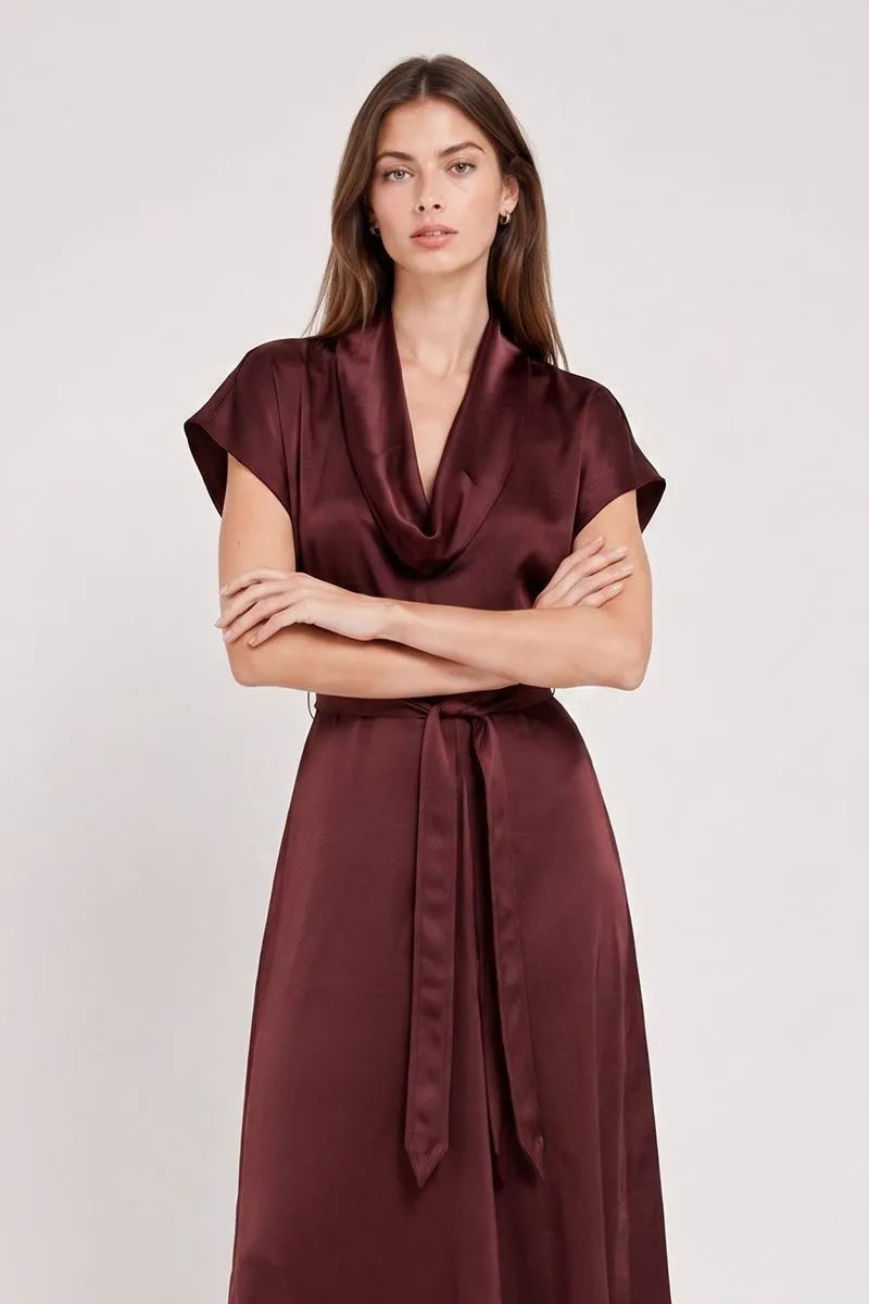 Mercer Draped Neck Short Sleeve Silky Midi Dress - Dark Purple