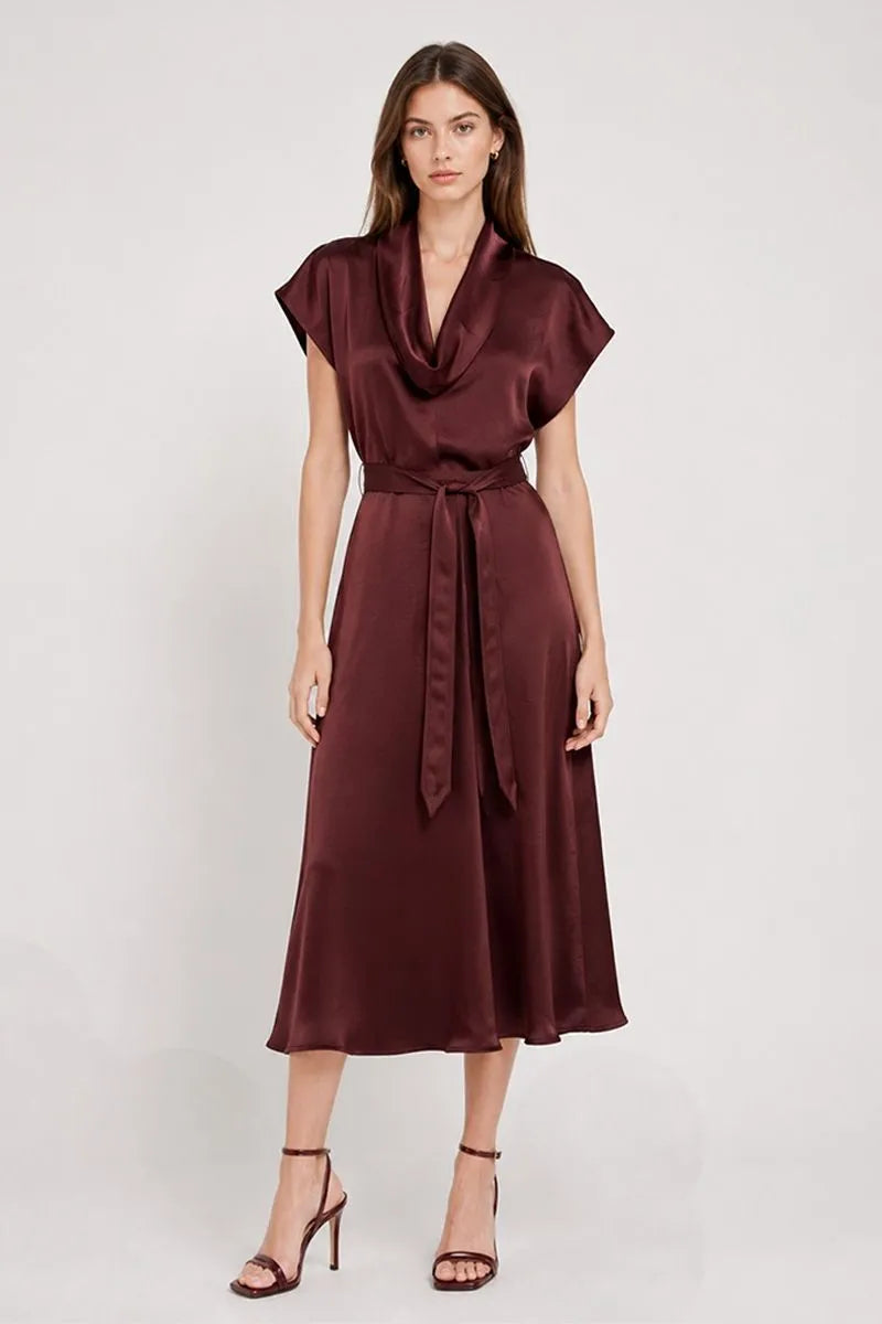 Mercer Draped Neck Short Sleeve Silky Midi Dress - Dark Purple