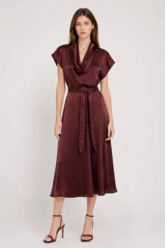 Mercer Draped Neck Short Sleeve Silky Midi Dress - Dark Purple
