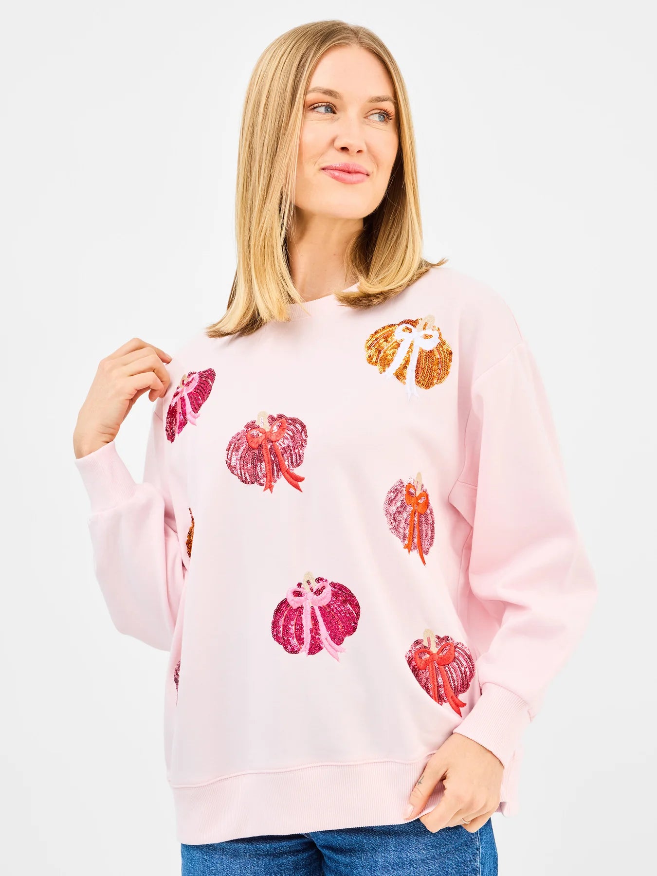 Sarah Pumpkin Bows Embellished Sweatshirt by Mary Square - Pink