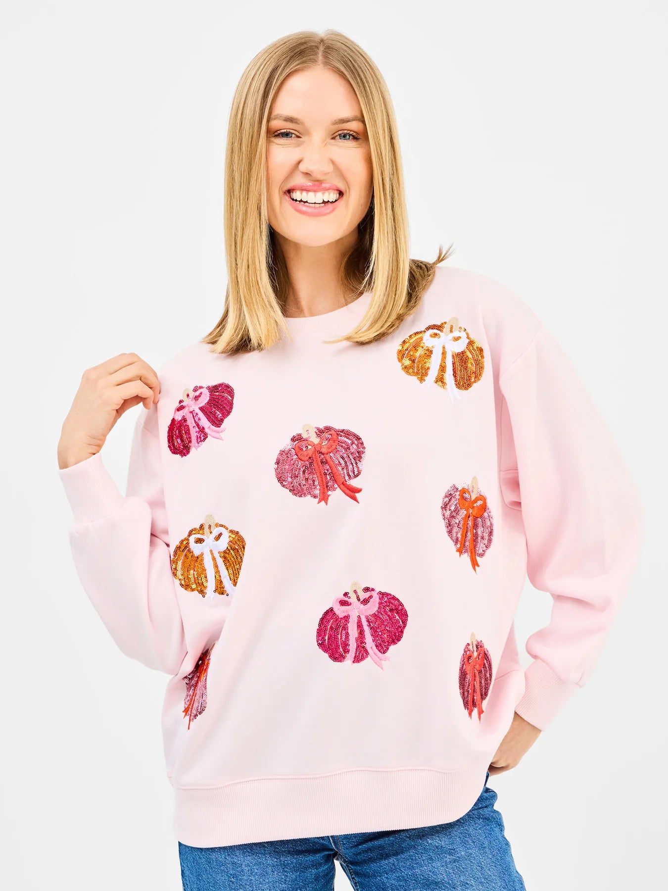 Sarah Pumpkin Bows Embellished Sweatshirt by Mary Square - Pink