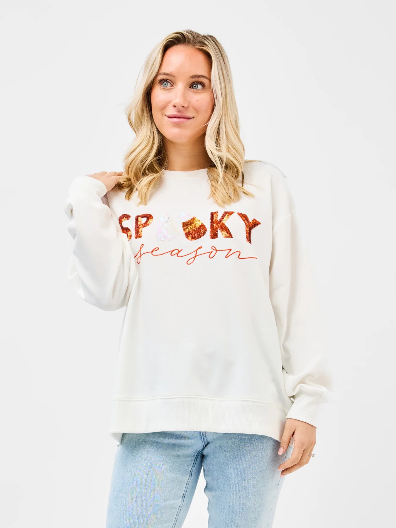 Sarah Spooky Season Embellished Sweatshirt by Mary Square - White