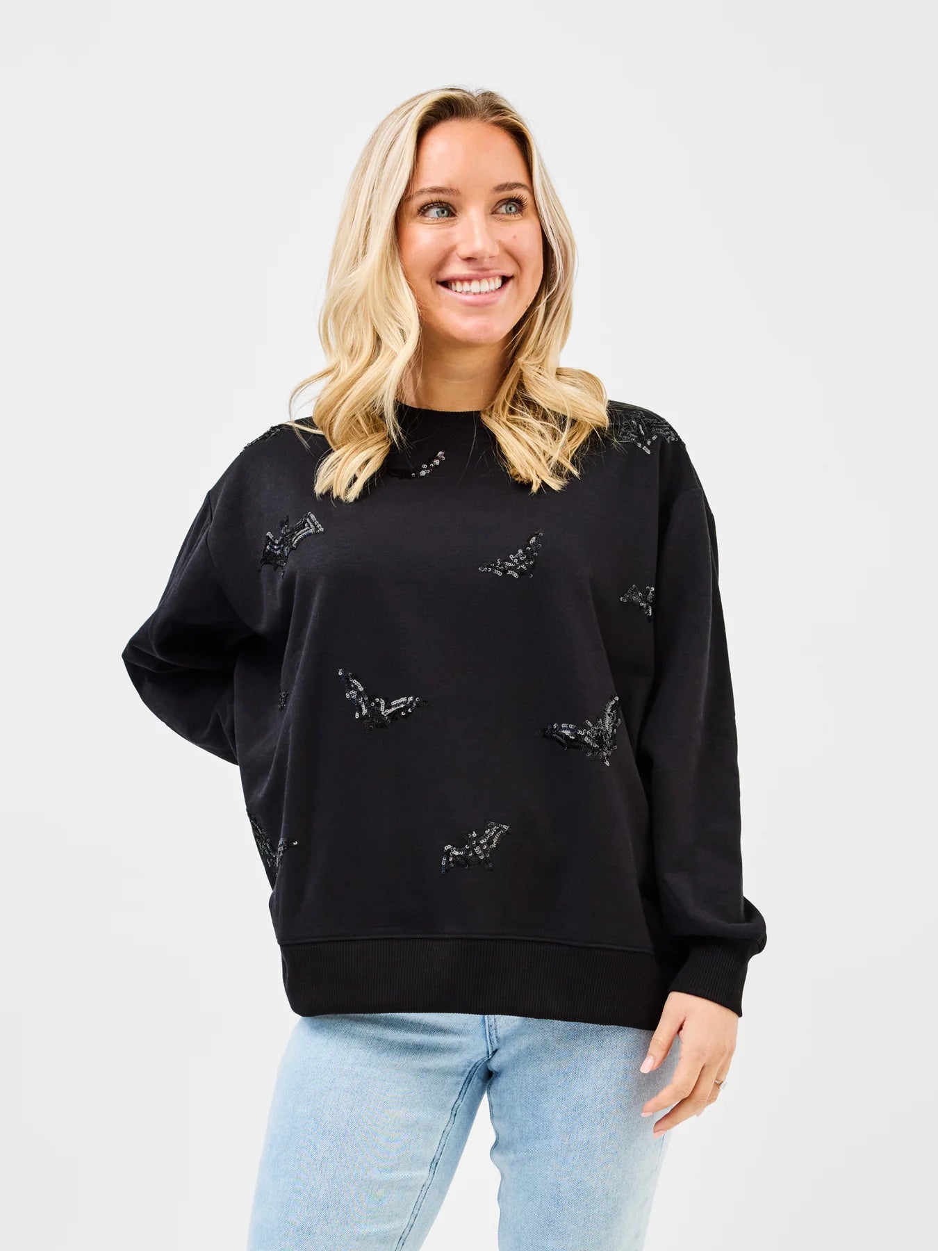 Sarah Sequin Bats Embellished Sweatshirt by Mary Square - Black