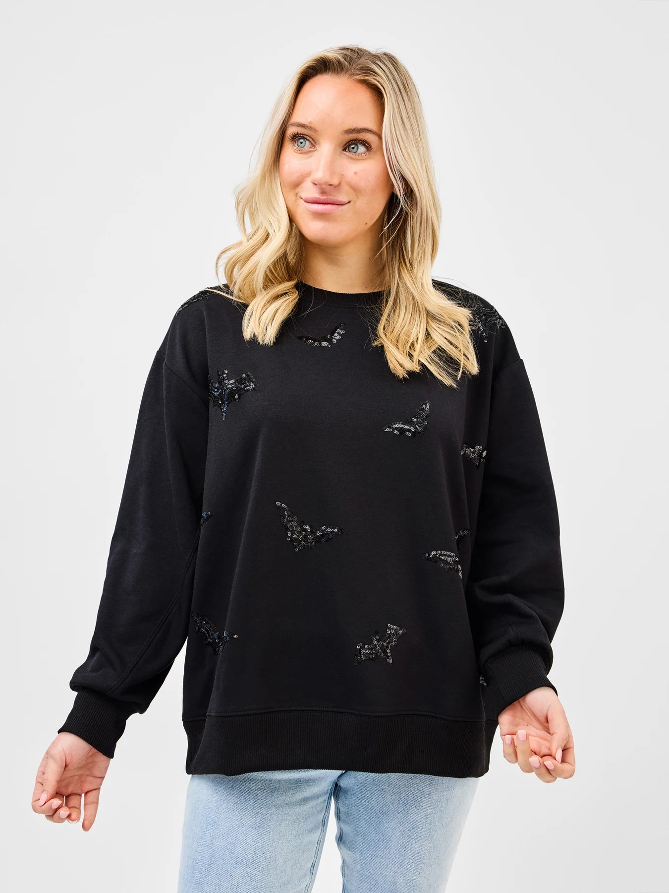 Sarah Sequin Bats Embellished Sweatshirt by Mary Square - Black