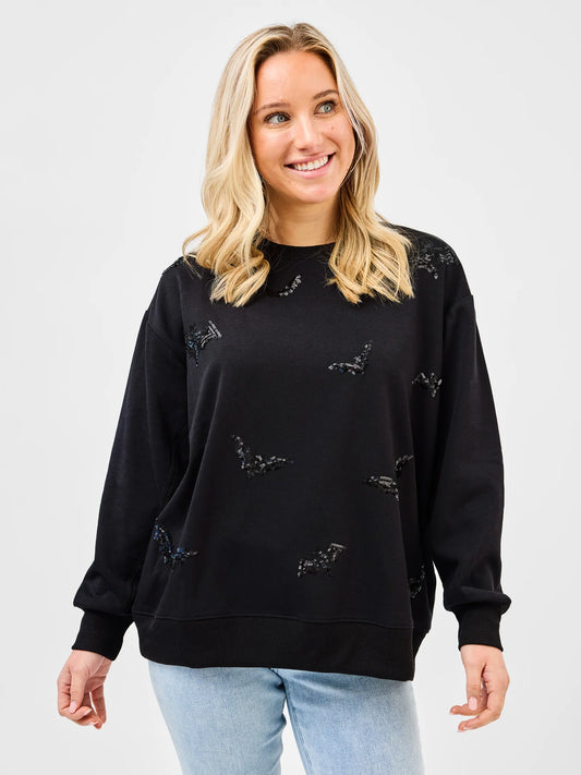 Sarah Sequin Bats Embellished Sweatshirt by Mary Square - Black