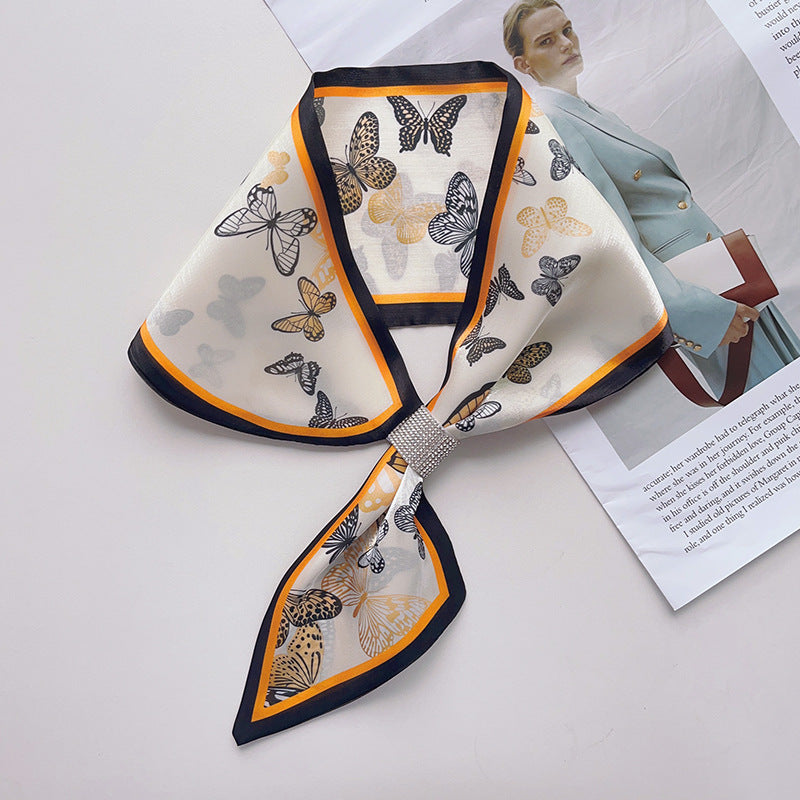 Butterfly Print Satin Shine Gem Stone Loop Scarf - Ivory Multi