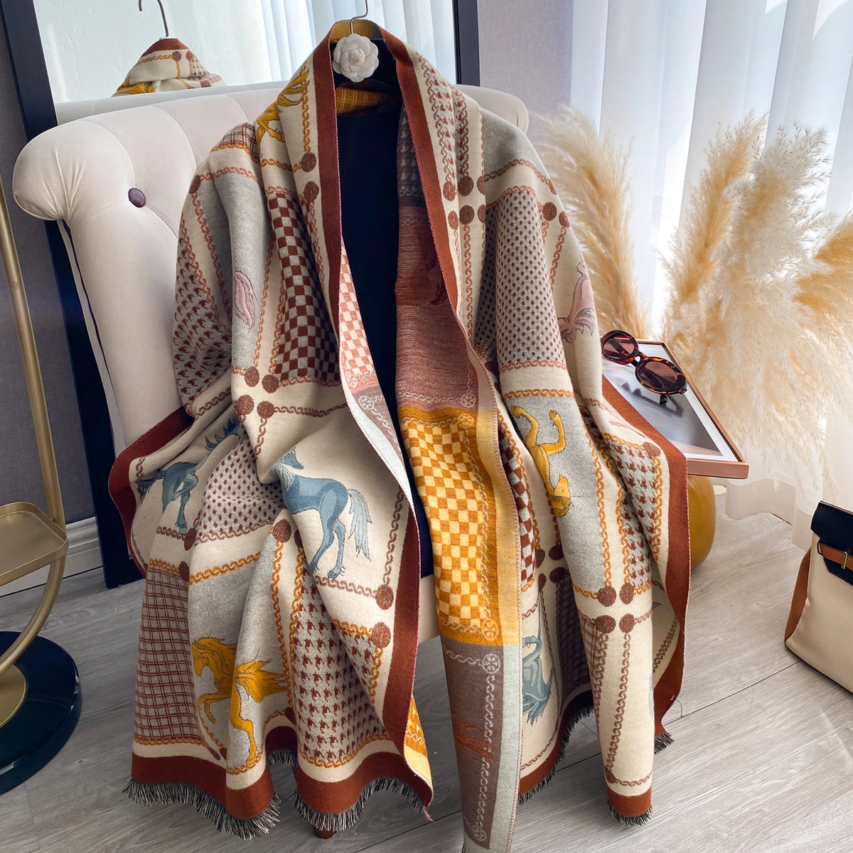 Equine Rearing Reversible Oversized Wrap Scarf - Brown Multi
