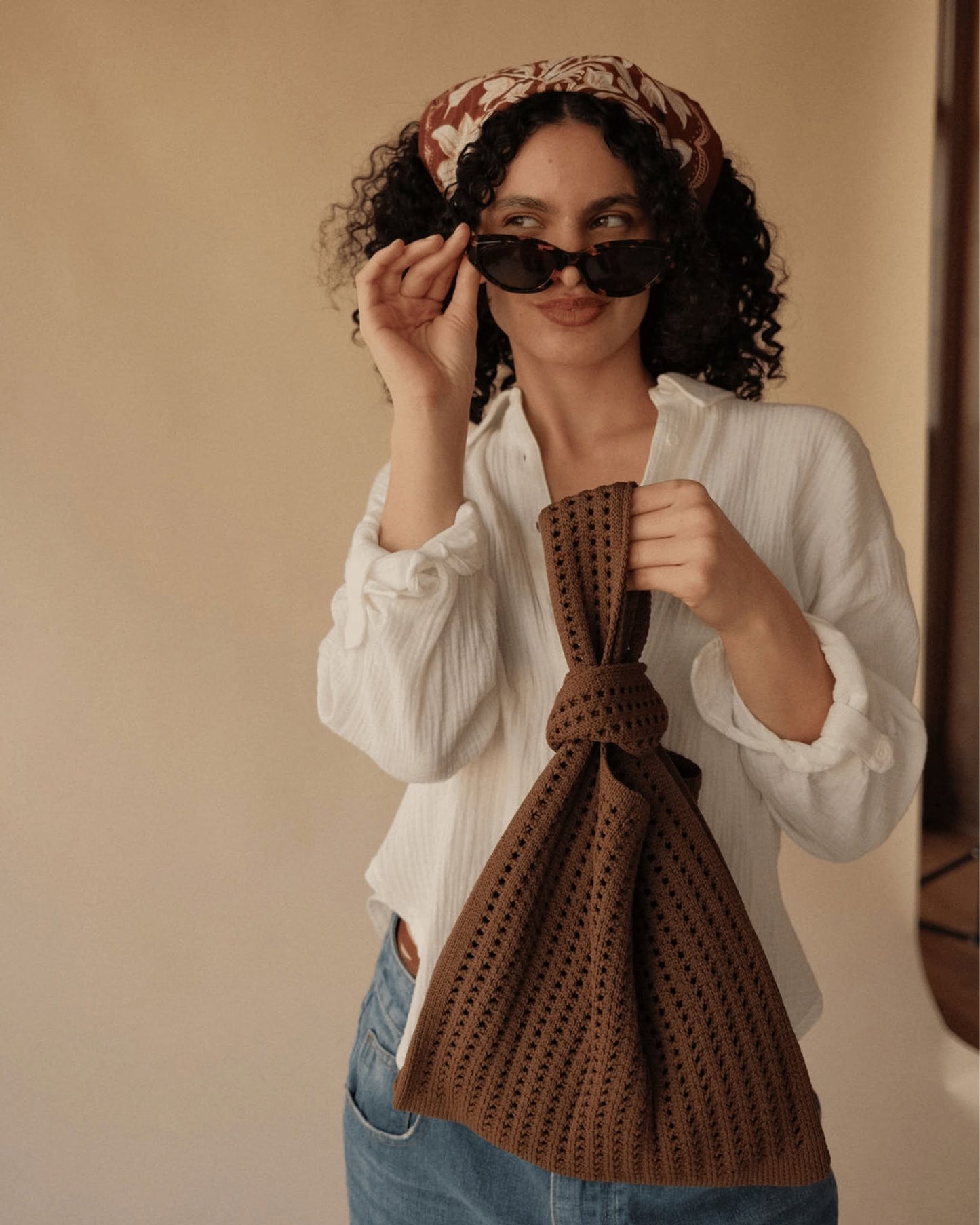Crochet Top Knot Machine Washable Bag Medium - Brown