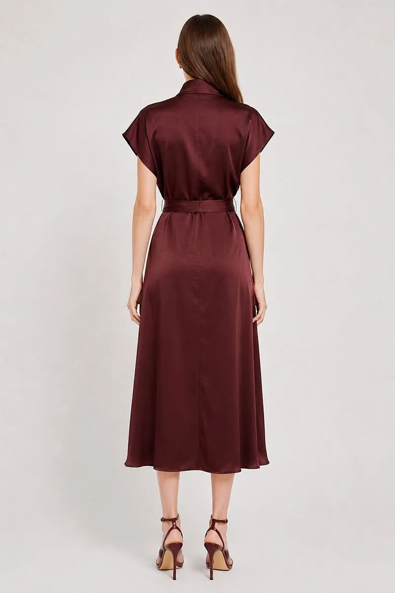 Mercer Draped Neck Short Sleeve Silky Midi Dress - Dark Purple