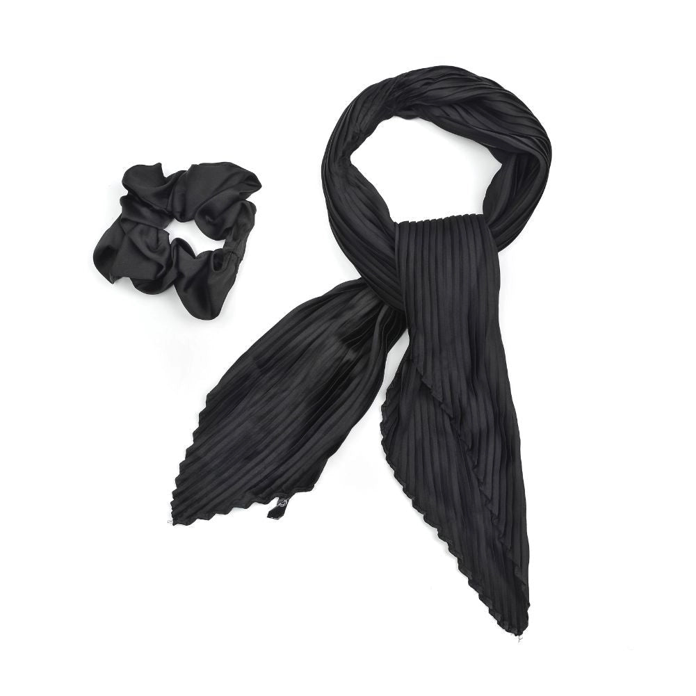 Pleated Scarf Hair Scrunchie - Black