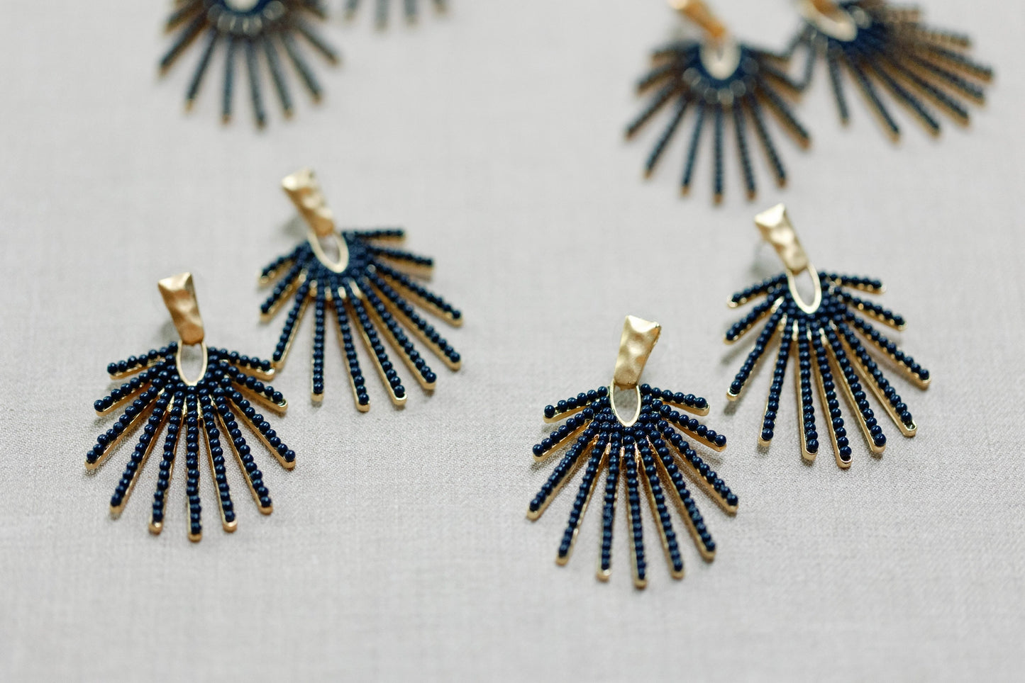 Hammered Gold Sunburst Drop Earrings - Navy Blue