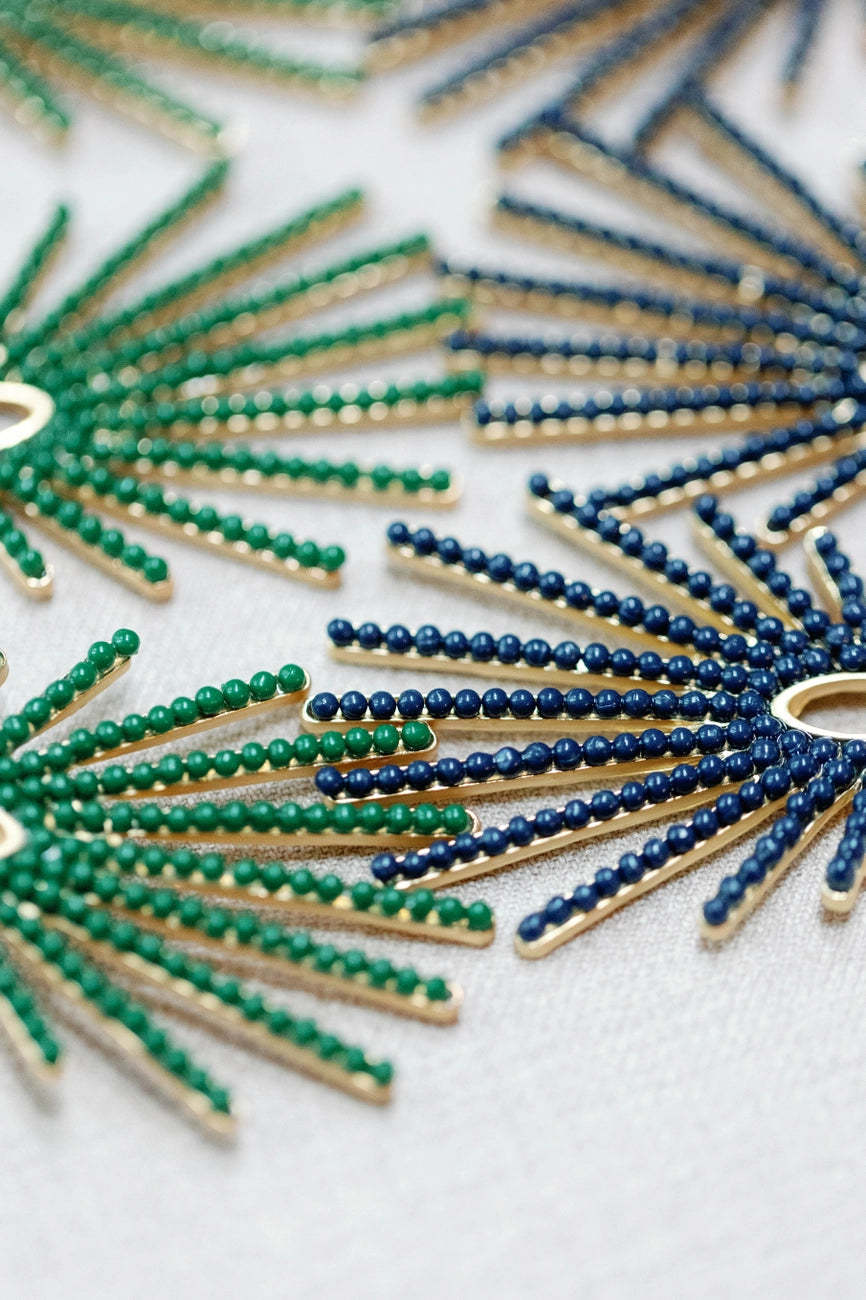 Hammered Gold Sunburst Drop Earrings - Navy Blue