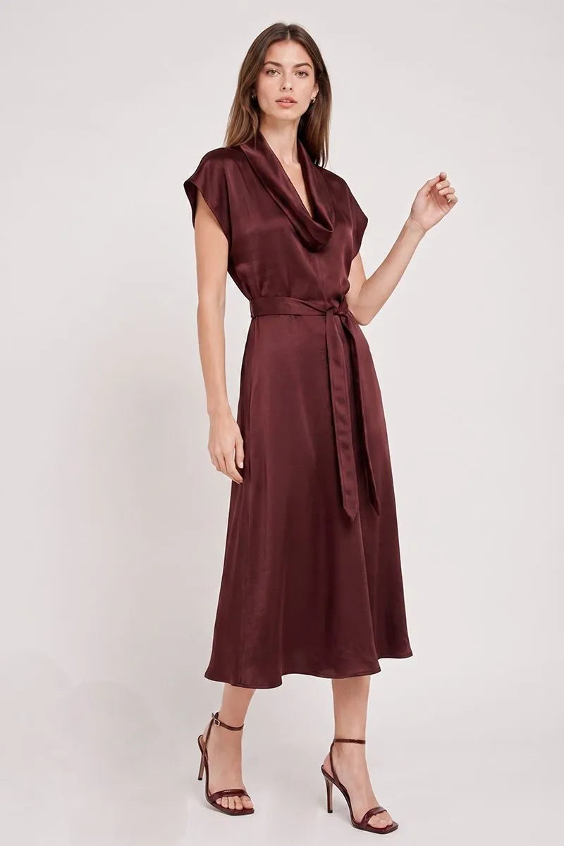 Mercer Draped Neck Short Sleeve Silky Midi Dress - Dark Purple