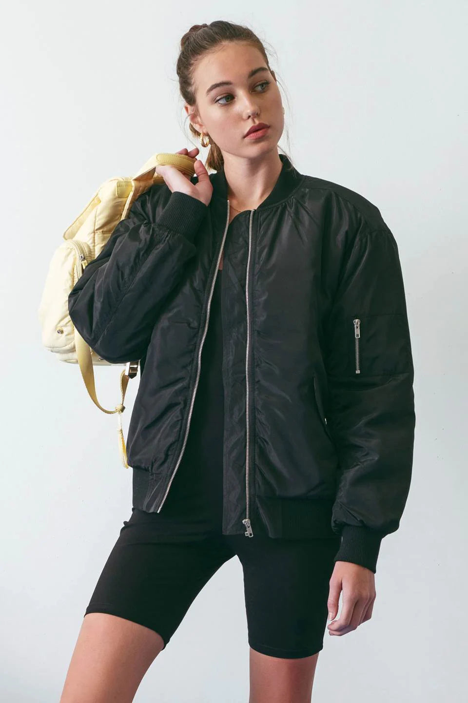 zSALE Ally Solid Ruched Bomber Jacket - Black