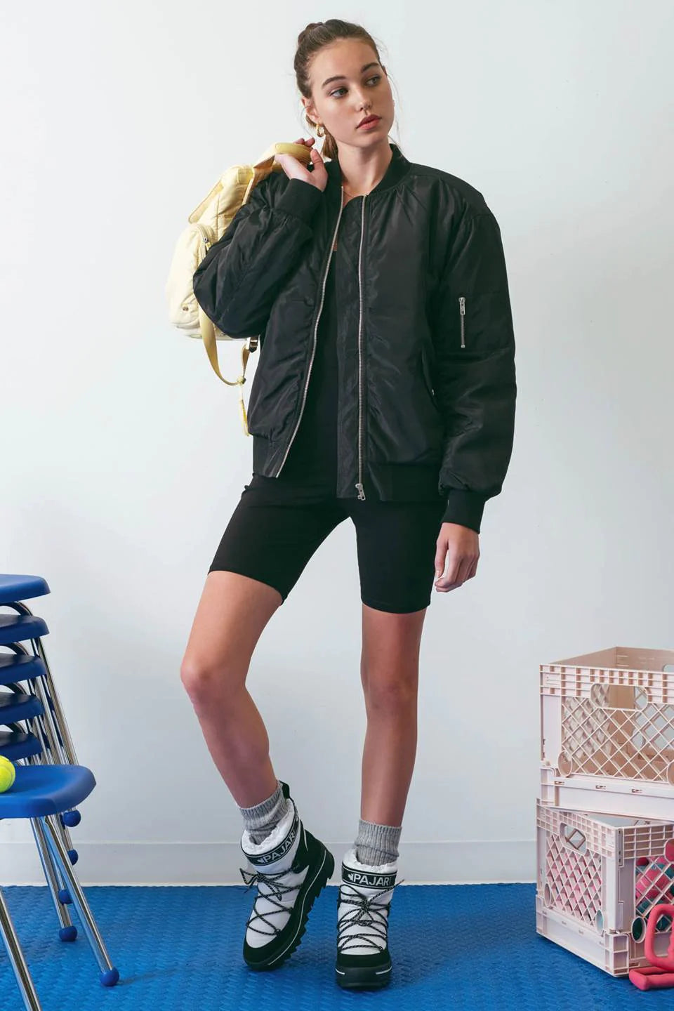 zSALE Ally Solid Ruched Bomber Jacket - Black