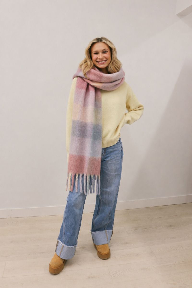 Candy Coded Gingham Check Oversized Fringe Scarf - Lavender Pink