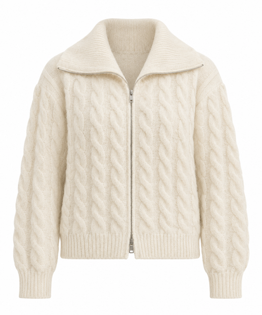Celeste Cable Knit High Neck Fuzzy Knit Zip Up Cardigan - Ecru