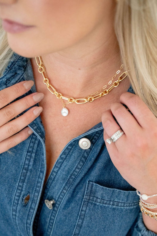 Pearl Disc Pendant Paperclip Chain Gold Dipped Necklace - Gold