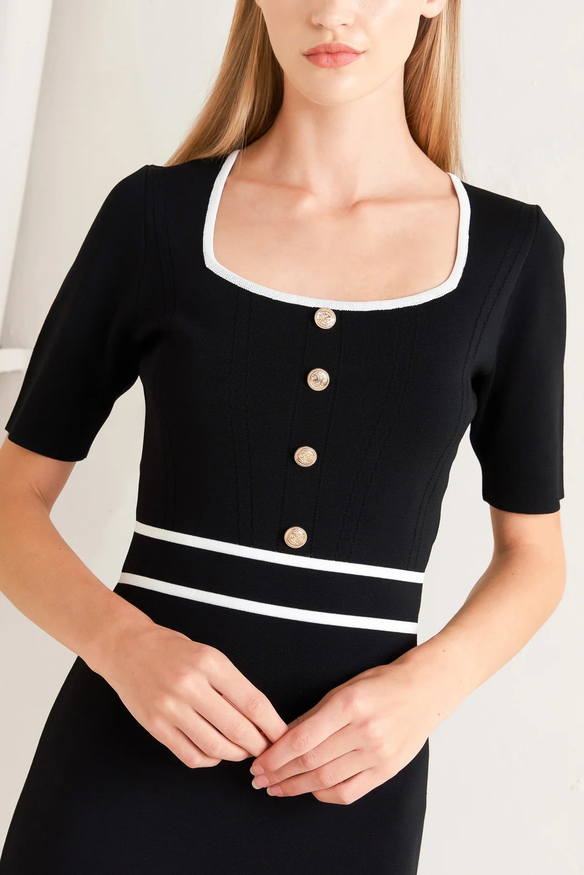 Lenora Square Neckline Gold Button Knit Midi Dress - Black Multi