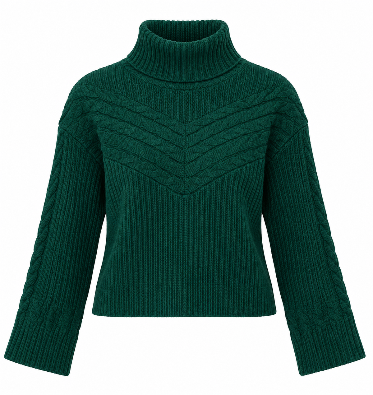 Evie Cable Knit Detail Long Sleeve Turtleneck Sweater - Emerald Green