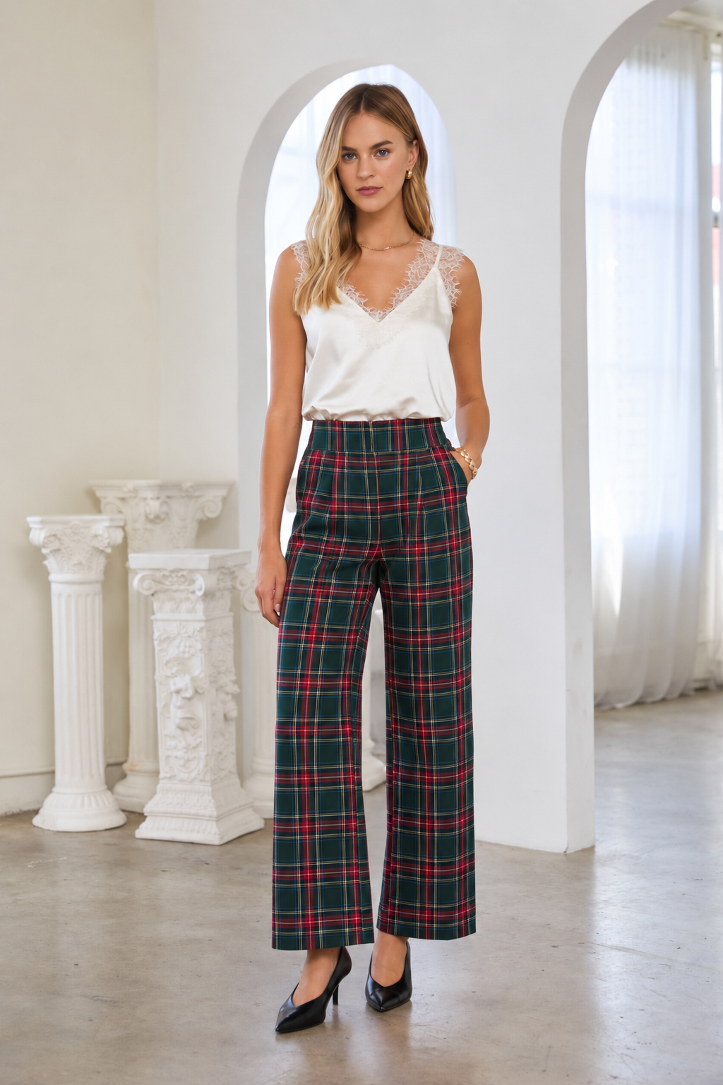 Tartan Plaid High Waisted Wide Leg Trousers - Green Multi