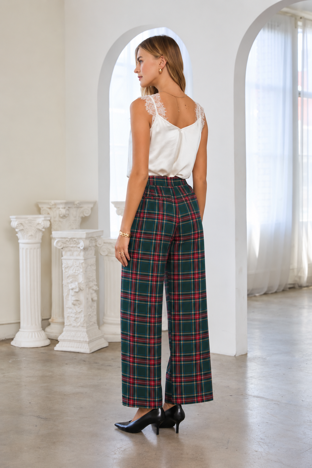 Tartan Plaid High Waisted Wide Leg Trousers - Green Multi