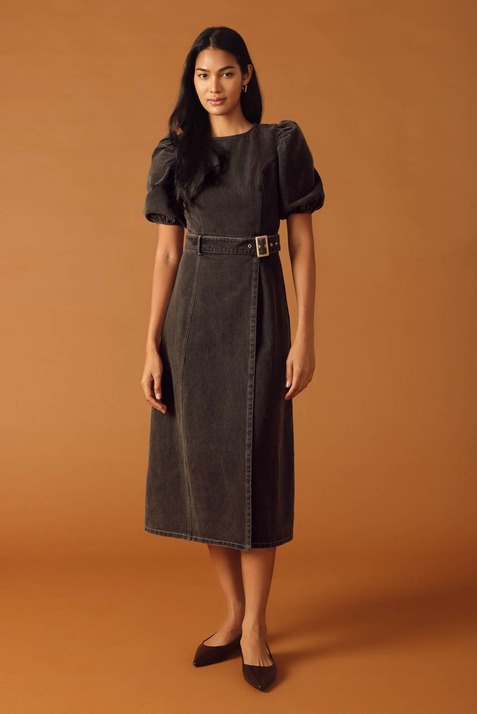 zSALE McKenzi Washed Denim Belted Wrap Midi Dress -  Black