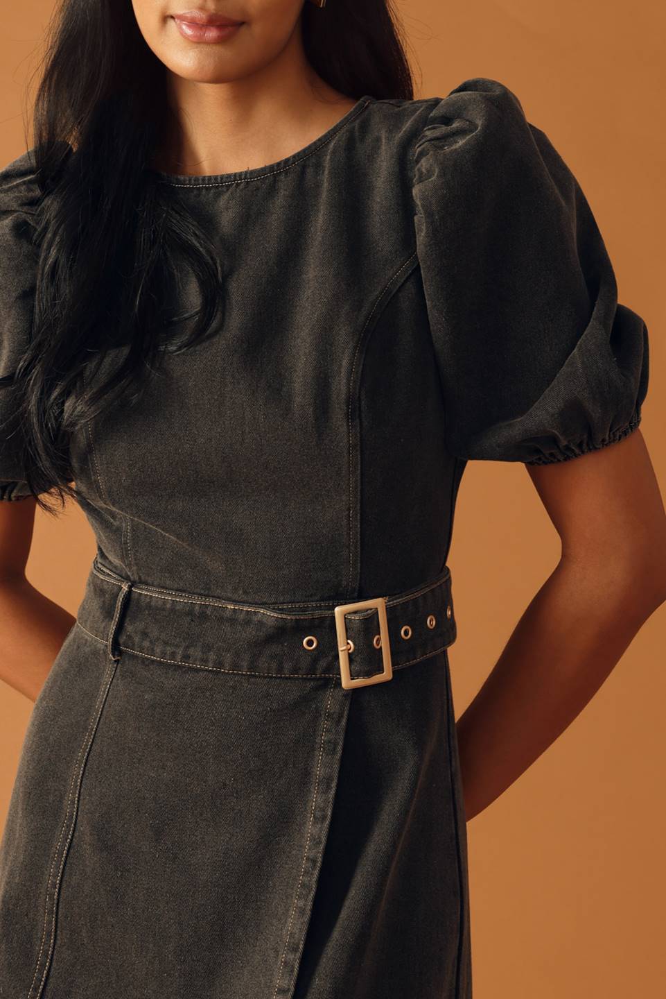 zSALE McKenzi Washed Denim Belted Wrap Midi Dress -  Black