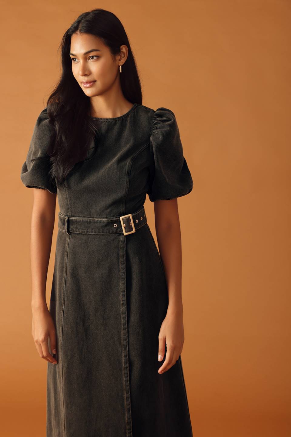 zSALE McKenzi Washed Denim Belted Wrap Midi Dress -  Black