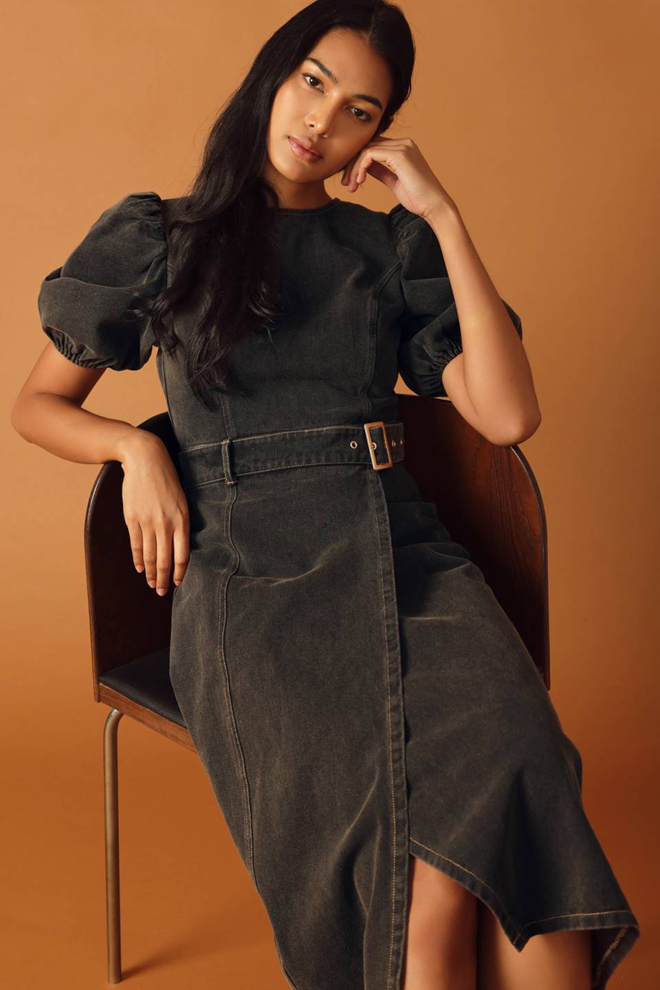 zSALE McKenzi Washed Denim Belted Wrap Midi Dress -  Black