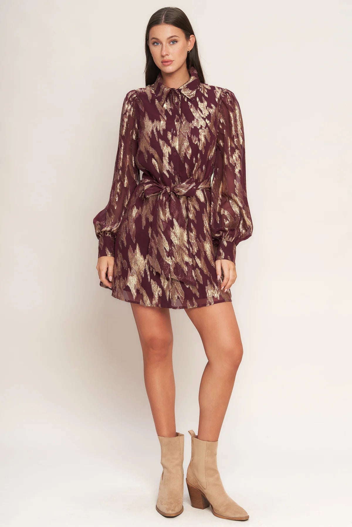Muse Metallic Print Long Sleeve Collared Mini Dress - Burgundy Multi