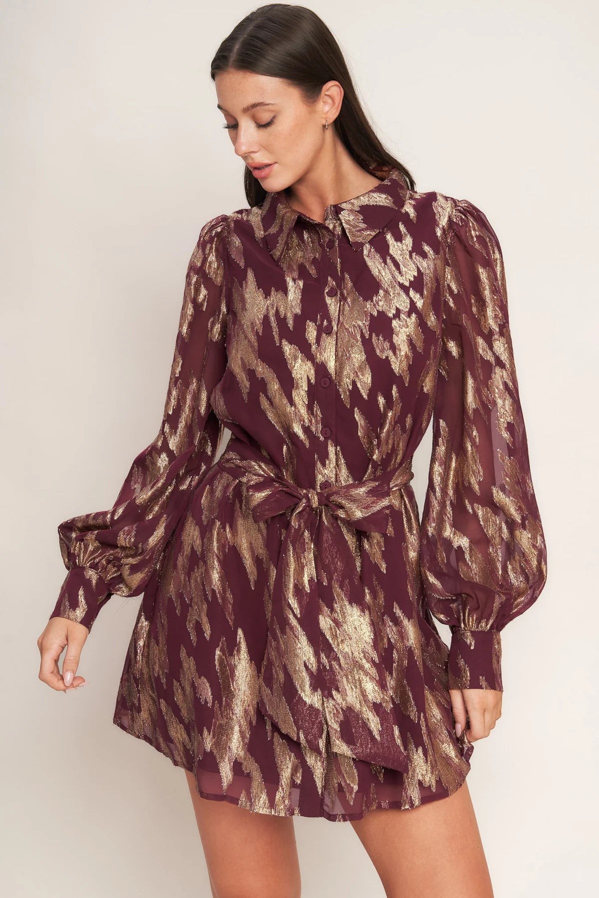 Muse Metallic Print Long Sleeve Collared Mini Dress - Burgundy Multi