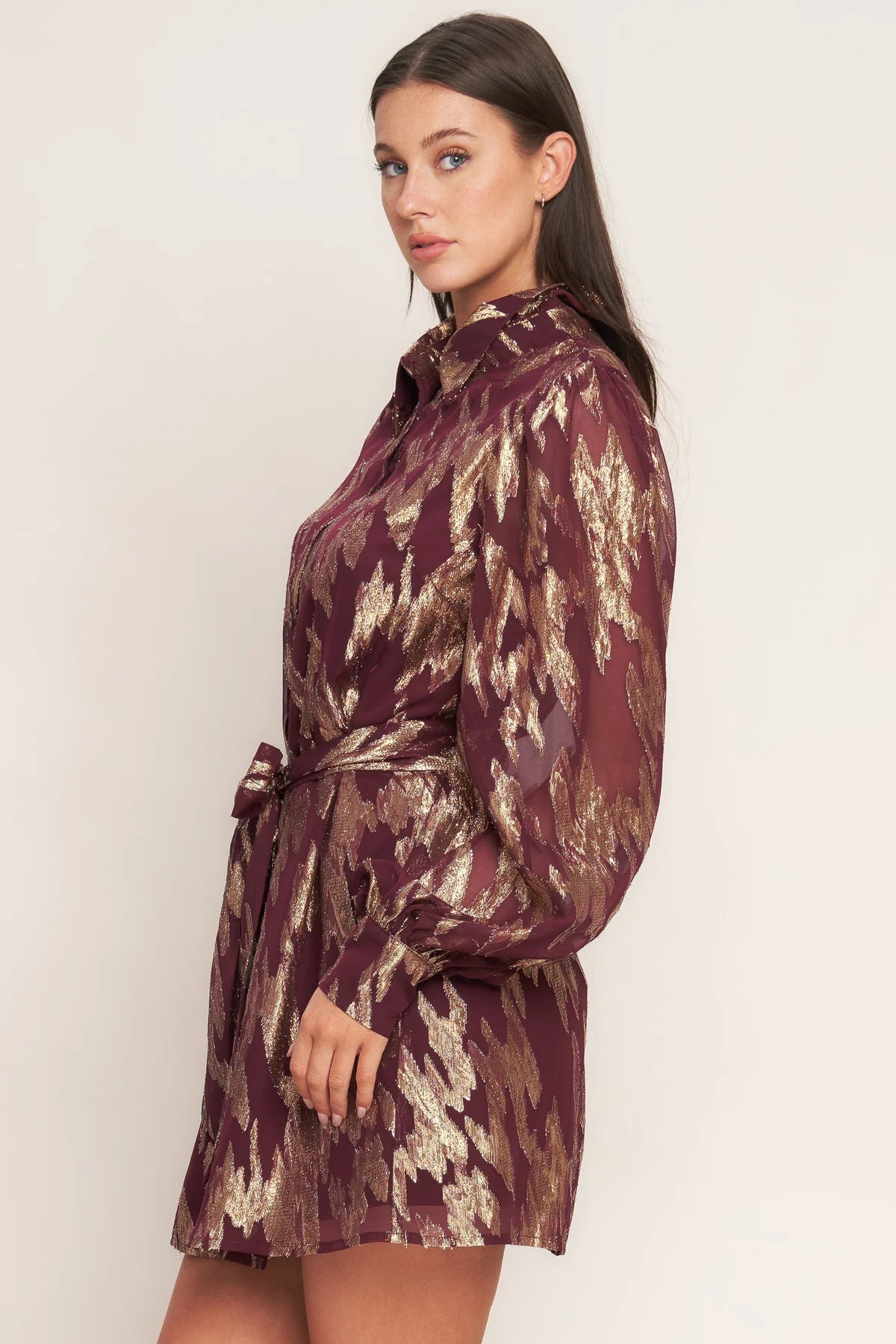 Muse Metallic Print Long Sleeve Collared Mini Dress - Burgundy Multi
