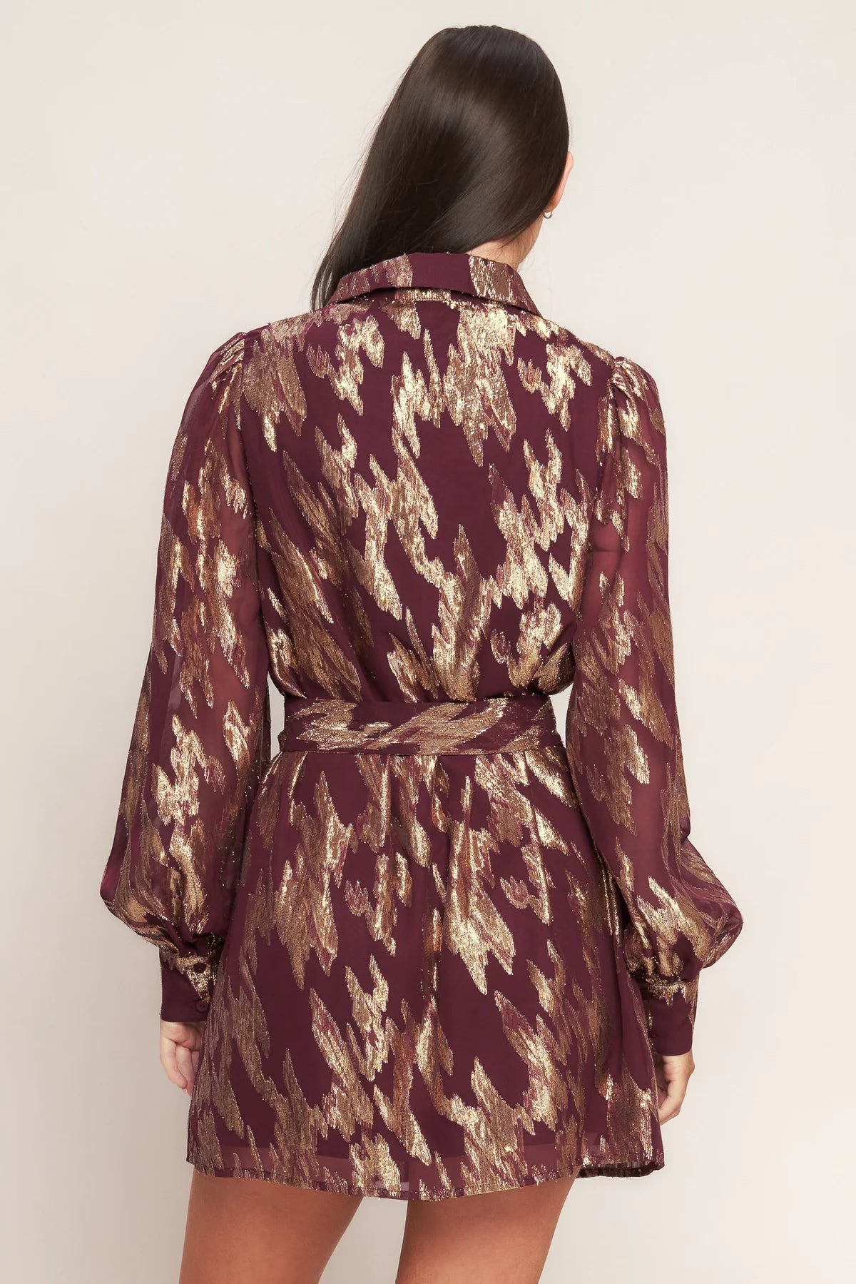 Muse Metallic Print Long Sleeve Collared Mini Dress - Burgundy Multi