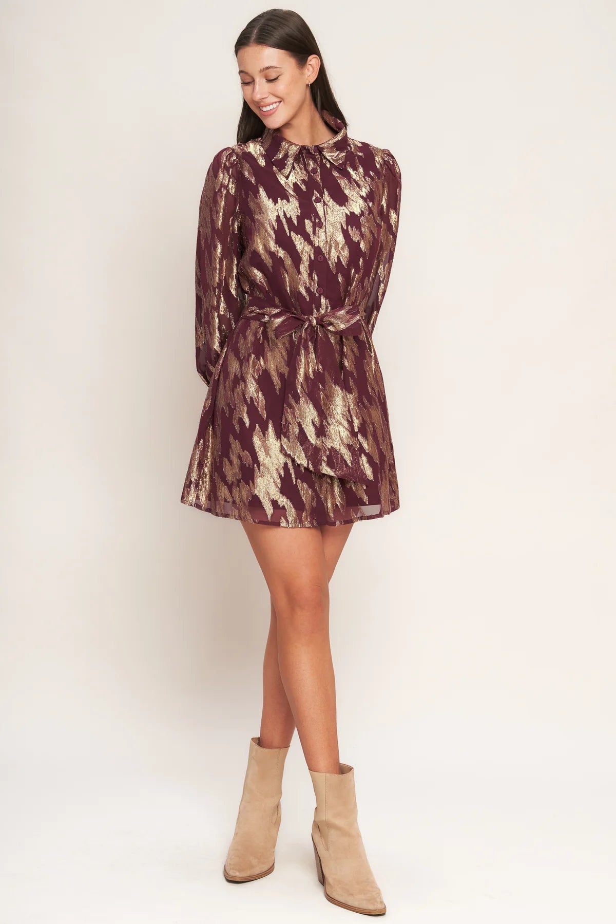 Muse Metallic Print Long Sleeve Collared Mini Dress - Burgundy Multi