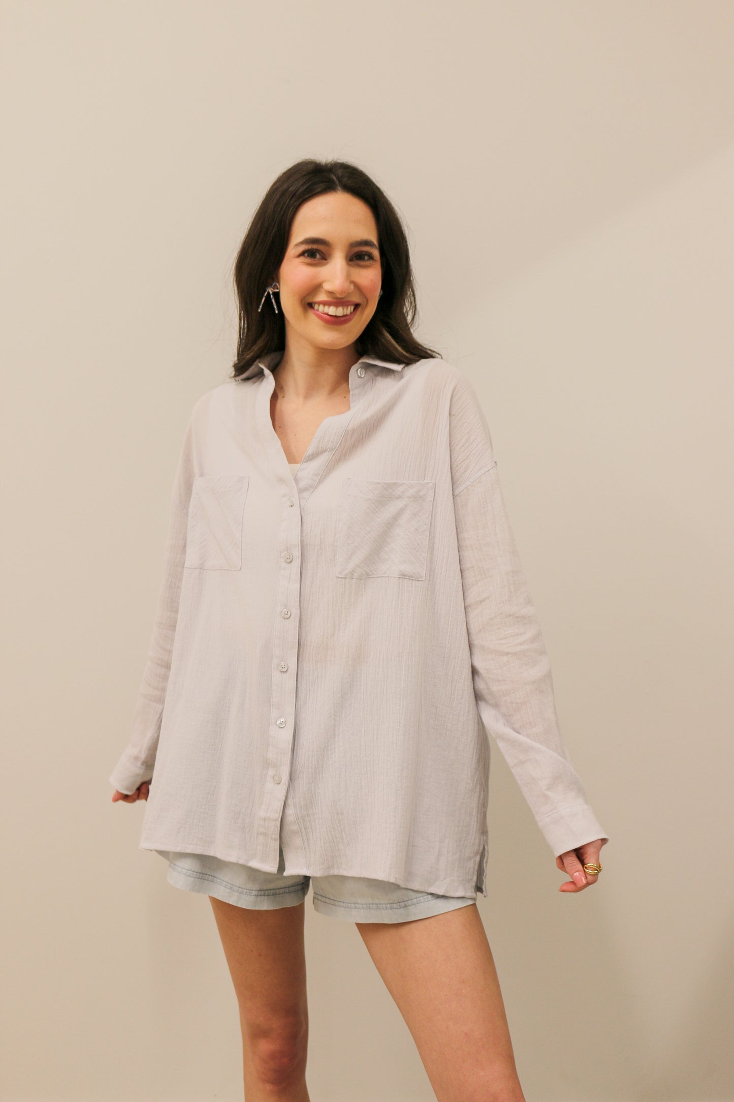 Relaxed Fit Long Sleeve Cotton Button Down- Pale Blue