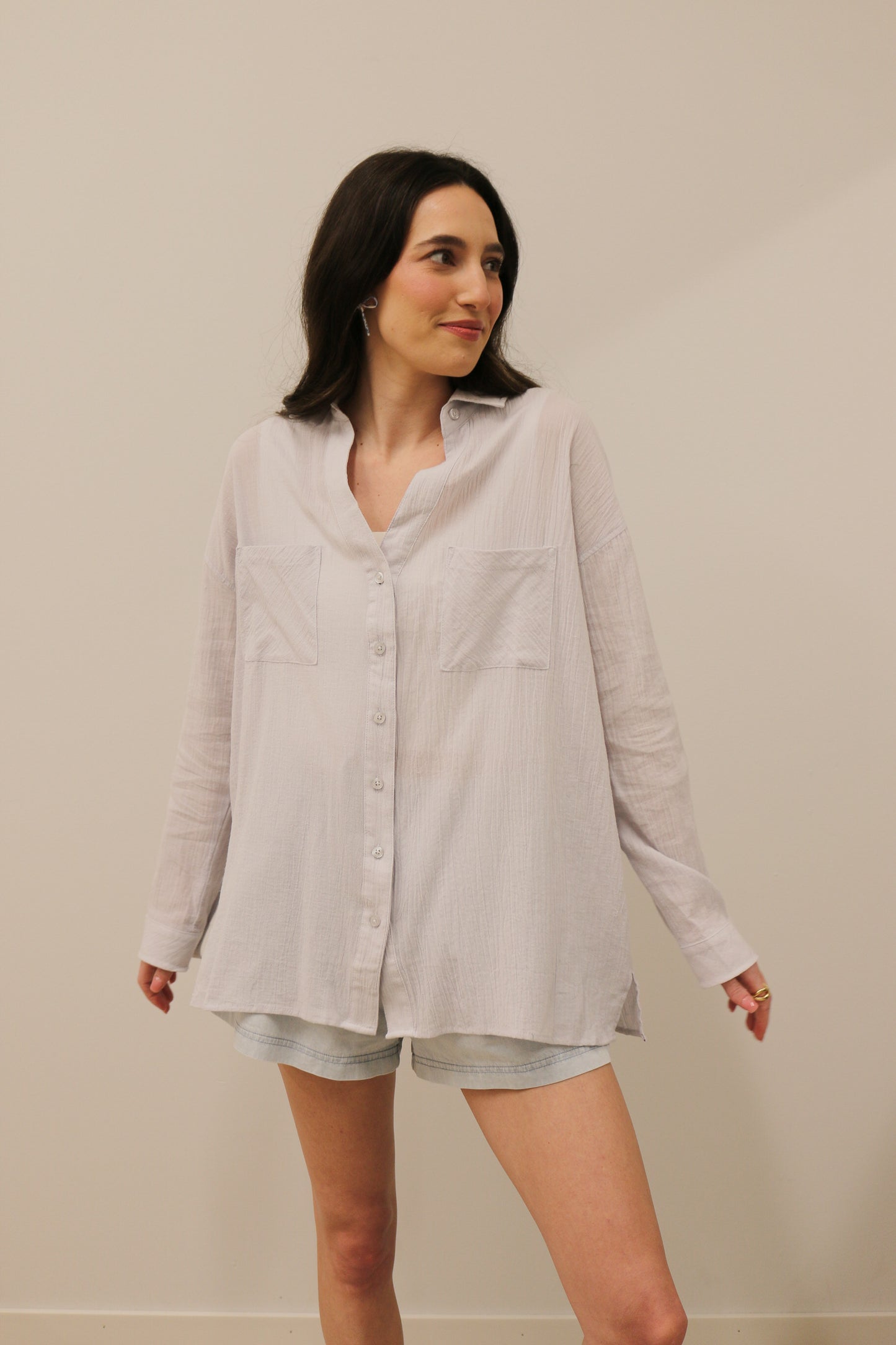 Relaxed Fit Long Sleeve Cotton Button Down- Pale Blue