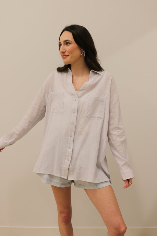 Relaxed Fit Long Sleeve Cotton Button Down- Pale Blue