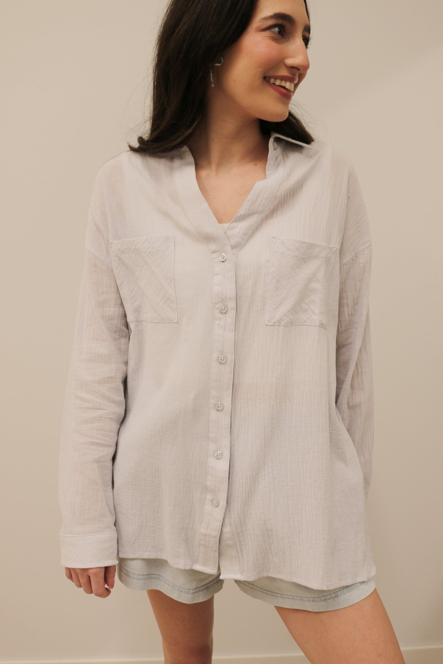 Relaxed Fit Long Sleeve Cotton Button Down- Pale Blue
