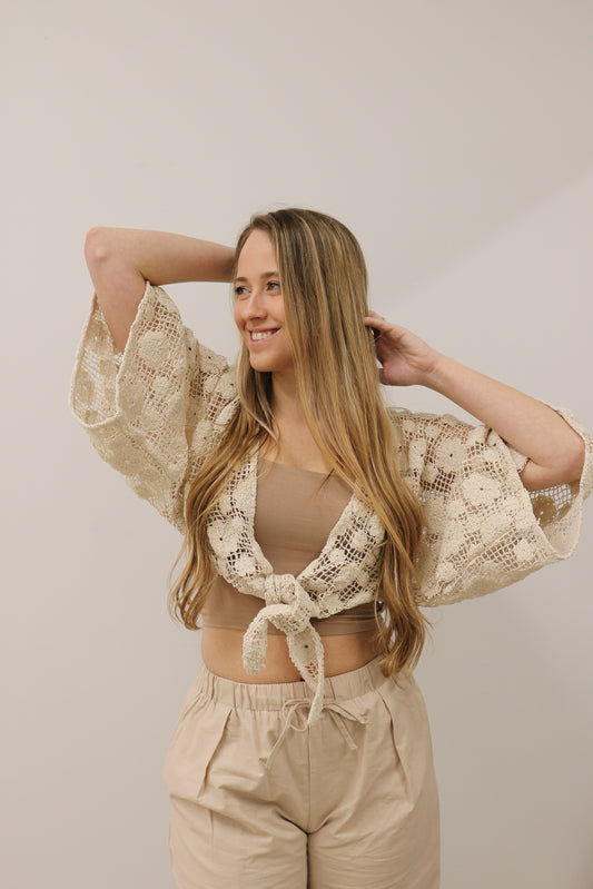 Solid Crochet Floral Tie Front Long Sleeve Crop Top - Natural