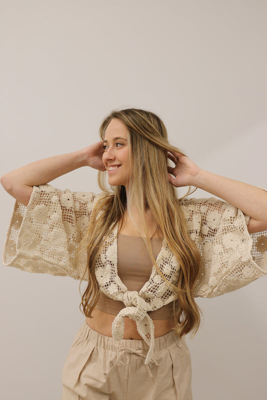 Solid Crochet Floral Tie Front Long Sleeve Crop Top - Natural