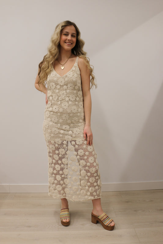 Solid Crochet Floral Sleeveless Slit Maxi Dress - Natural