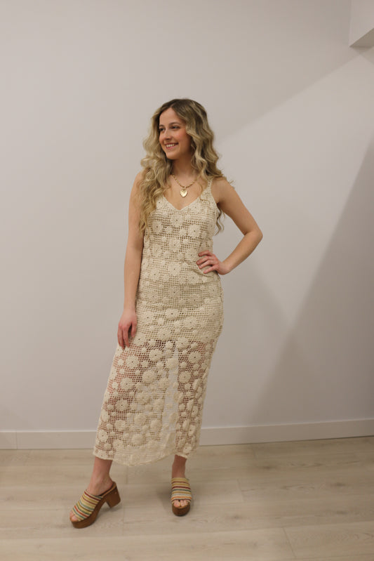 Solid Crochet Floral Sleeveless Slit Maxi Dress - Natural
