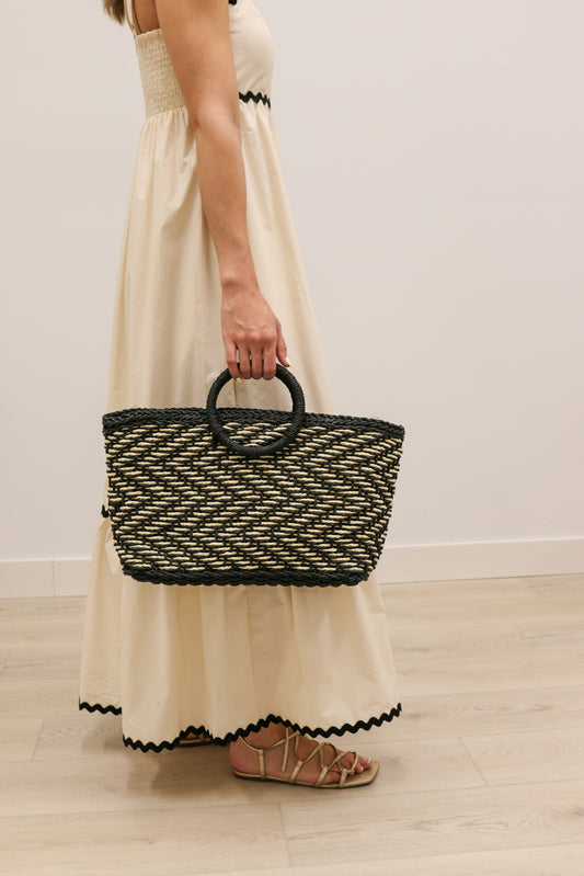 Kendra Striped Basket Weave Top Handle Handbag - Black/White