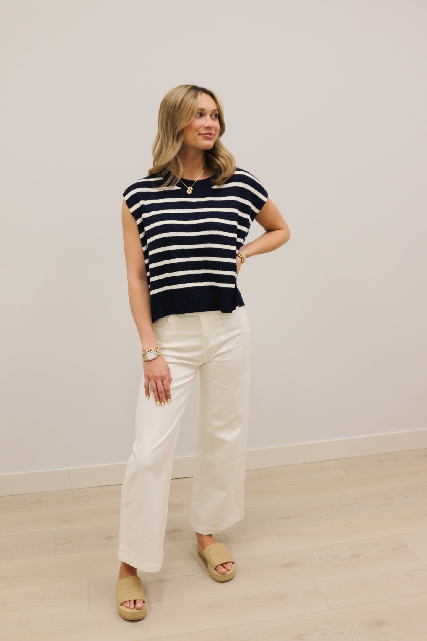 Relaxed Stripe Knit Short Sleeve Pullover - Navy Multi