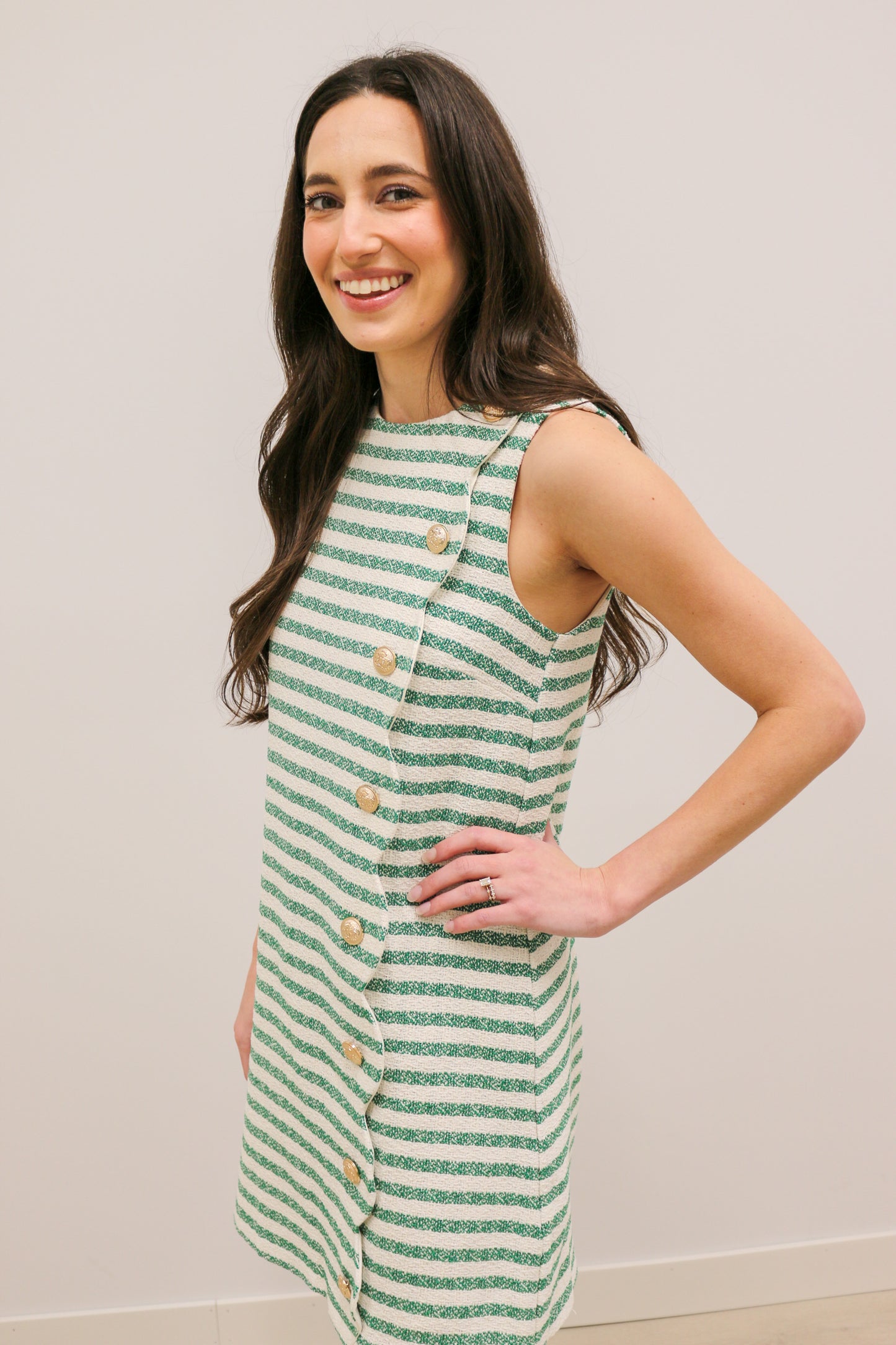 Rachel Sleeveless Scallop Front Boucle Stripe Gold Button Mini Dress - Green Multi