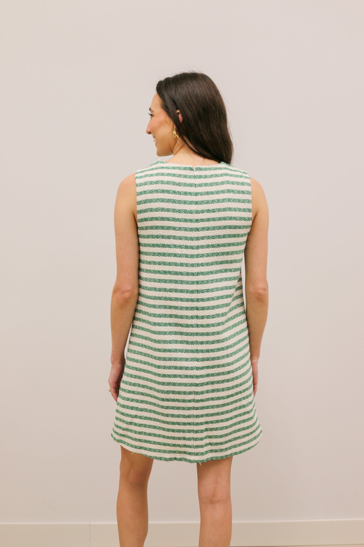 Rachel Sleeveless Scallop Front Boucle Stripe Gold Button Mini Dress - Green Multi