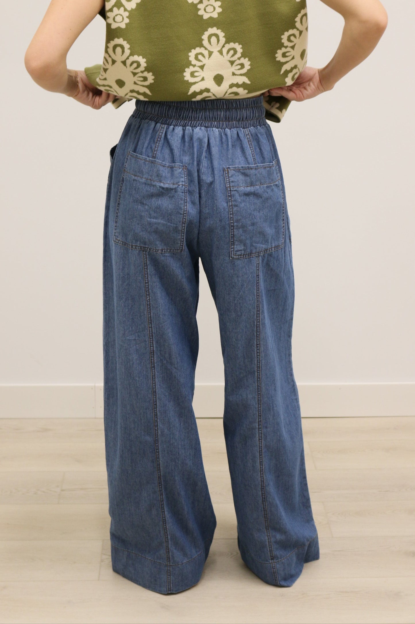 Paige High Waist Tie Front Wide Leg Lightweight Pants - Dark Chambray