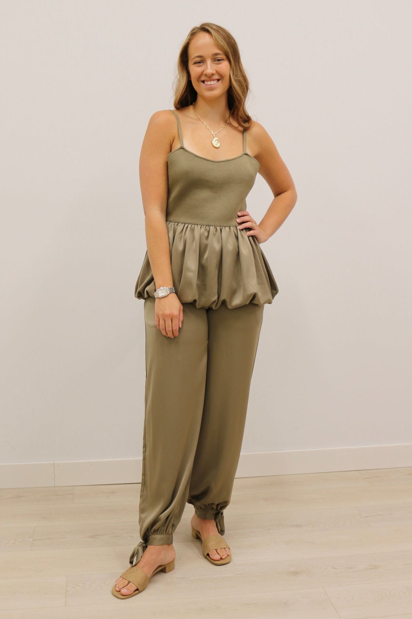 Jaded High Waisted Silky Balloon Ankle Tie Pant - Dark Olive Green
