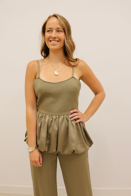 Jaded Mixed Media Silky Knit Cami Tank - Dark Olive Green